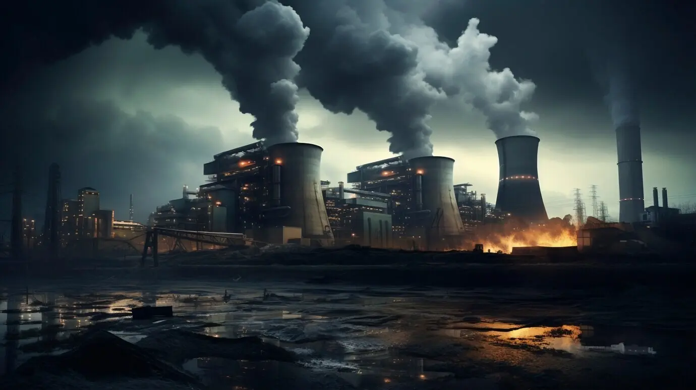 Вид на атомную электростанцию с башнями, из которых выходит пар технологического процесса.